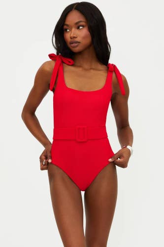 Beach Riot Sydney Swimsuit Women's M Red Tie Shoulder Belted One-Piece DDR2483