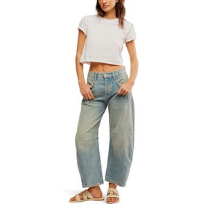 Free People We The Free Good Luck Barrel Jeans Womens 31 Blue Mid-Rise DDR2861