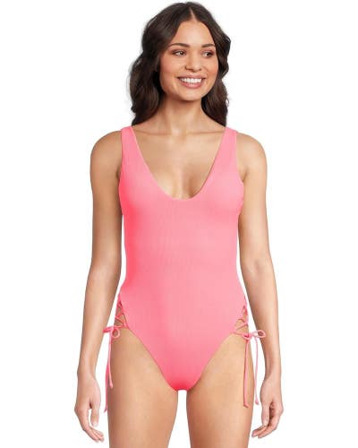 BECCA Modern Edge Rib Sophie Swimsuit Women's Large Coral Reef Tie Side DDR2807
