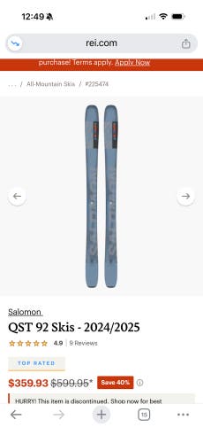 Unisex 2024 Salomon QST 92 174 cm All Mountain Skis With grip walk Bindings (Used)