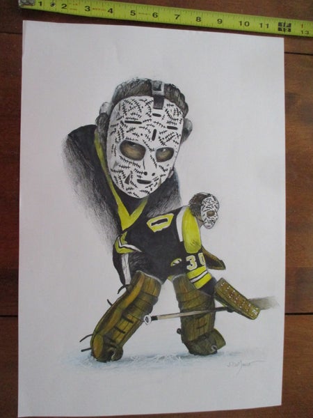 Original Drawing of NHL Bruins Hockey Goalie Gerry Cheevers wearing vintage stitches mask