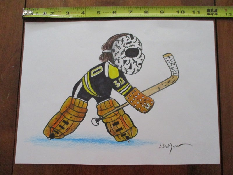 Original Cartoon Drawing NHL Bruins Hockey Goalie Gerry Cheevers with Vintage stitches mask.