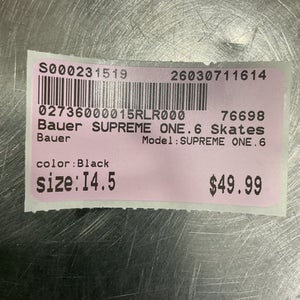 Used Bauer SUPREME ONE.6 Intermediate Hockey Skate Black Intermediate 4.5 11614-S000231519