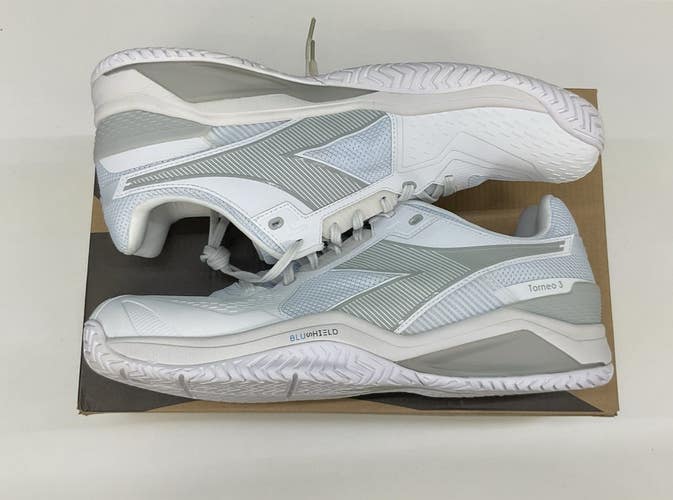 Diadora Mens Blushield Torneo 3 AG Size 12 White/Silver Court Shoes