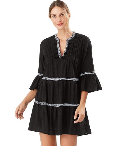 Tommy Bahama Cotton Clip Cover Up Dress Women's Small Black Embroidered DDR2814