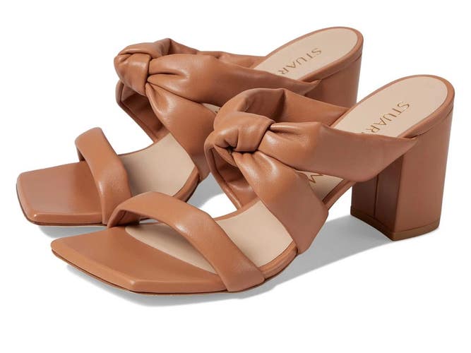 Stuart Weitzman Playa 75 Knot Block Slide Women's 9.5 B Tan Leather HTAT489