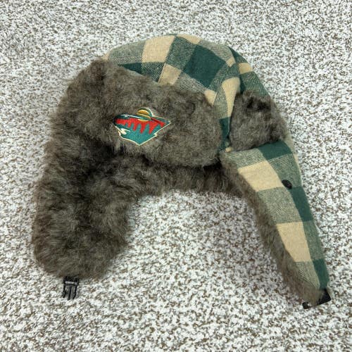 Minnesota Wild Hat Trapper Mens Green Tan NHL Hockey Plaid Ear Flap Faux Fur