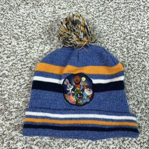 Space Jam Hat Beanie Mens One Size Blue Pom Striped Looney Tunes Winter Boys
