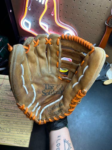 Louisville Slugger Softball Glove LHT, 12” (Conditioned & Relaced in Orange/White)