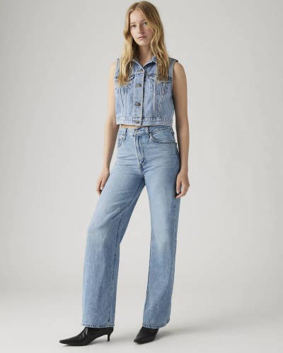 Levi's Ribcage Jeans Women 26x32 Blue Denim Light Wash High Rise Wide Leg KFC379