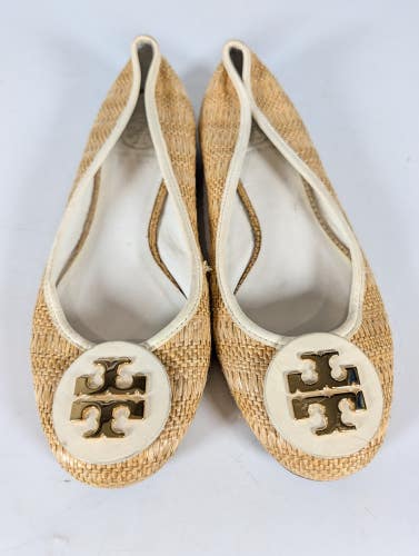 Tory Burch Reva Woven Raffia Ballet Flats Brown Leather Logo Size: 8.5