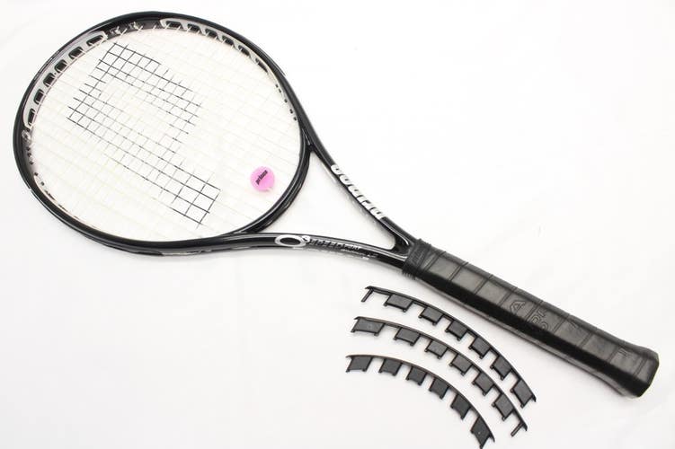 PRINCE SPEEDPORT BLACK LONGBODY TENNIS RACQUET (4 3/8) REP DEMO. + EXTRA INSERTS