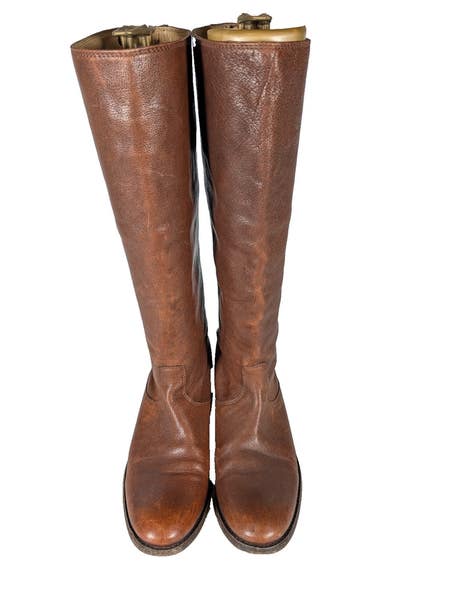 Frye Melissa Button Tall Rear Zip Brown Leather Riding Boots  display picture 1