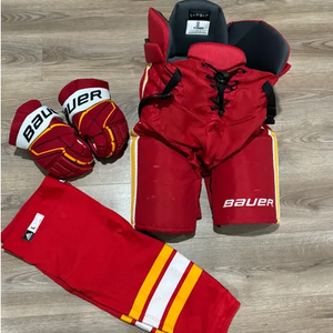 Bauer pro stock Calgary flames pants, gloves and socks