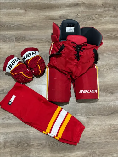 Bauer pro stock Calgary flames pants, gloves and socks