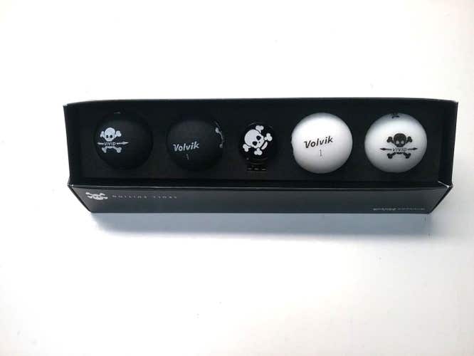 Volvik Vivid Skull Edition Golf Balls (4pk, Black & White) w/ Ball Marker NEW