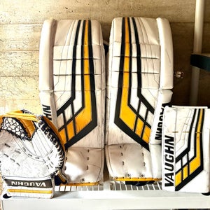 Vaughn Velocity VE8 Pro Carbon Full Goalie set Pads Blocker Trapper 33+2 Sport Gold white Black V8