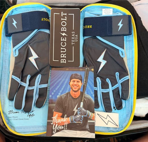 Bruce Bolt Premium Batting Gloves Black/Blue Lightning – Leather – Adult Pair – Texas USA