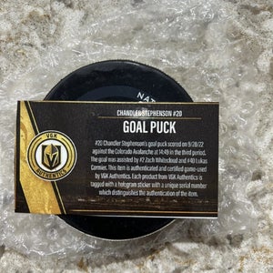 Chandler Stephenson Vegas Golden Knights Goal Puck Game Used Colorado Avalanche