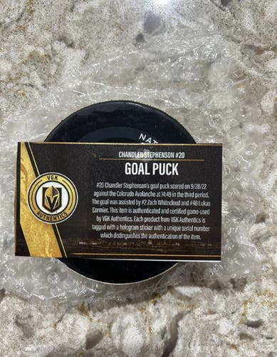 Chandler Stephenson Vegas Golden Knights Goal Puck Game Used Colorado Avalanche