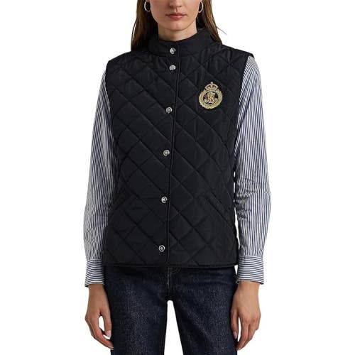 Lauren Ralph Lauren Vest Womens S Dark Navy Crest-Patch Quilted Mock Neck KFC500