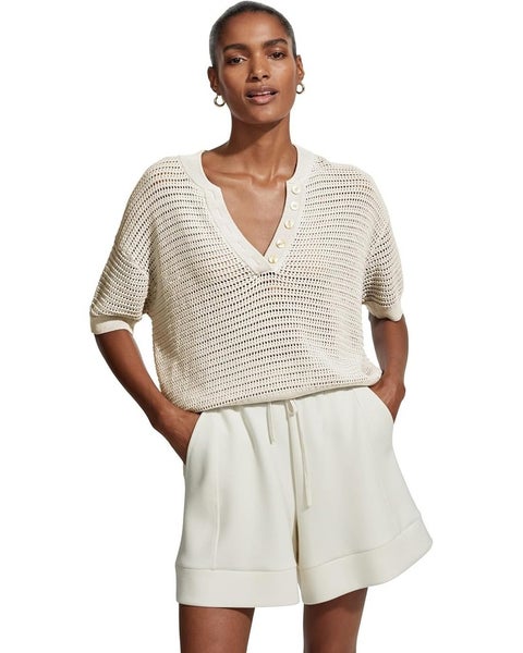 Varley Callie Top Women's M Egret 100% Cotton Open Knit Dropped Shoulder DDR2386