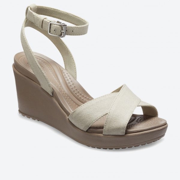 Crocs Leigh II 204950-14G Sandals Women 10 Beige Ankle Strap Wedge Heel HAWK3061