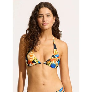 Seafolly Ciao Bella Long Line Halter Bikini Top Women's 4 Navy Swimwear DDR2490