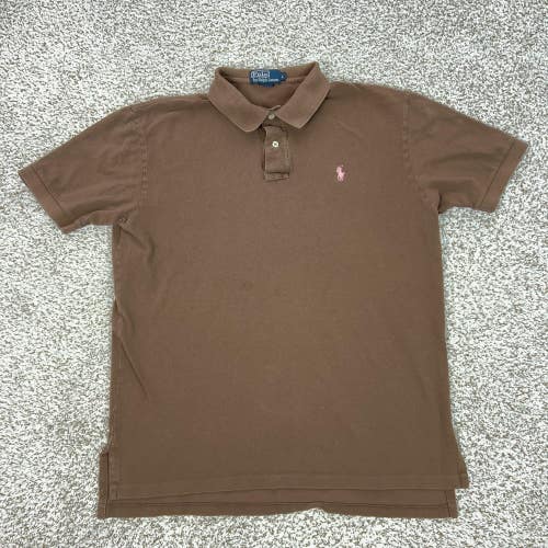 Polo Ralph Lauren Polo Shirt Mens Large Brown Cotton Pink Pony Logo Casual Top