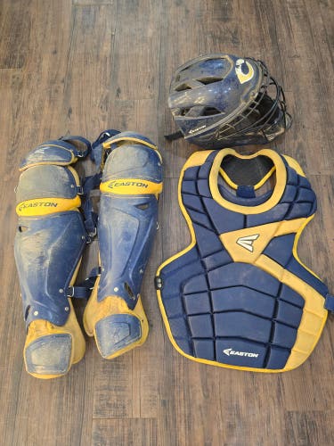 Easton M10 Adult Catcher’s Gear Set Navy Gold | Helmet Chest Protector Leg Guards (Used)