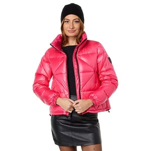 Vince Camuto Puffer Jacket Women's Hot Pink Large Down Full Zip Cropped FROG262