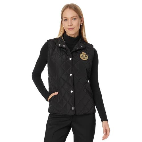 Lauren Ralph Lauren Vest Womens Large Black Crest-Patch Quilted Mock Neck KFC610