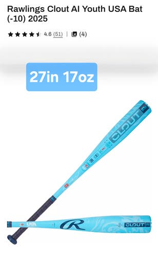 2025 Rawlings Clout AI Alloy USABat Certified Bat (-10) 17 oz 27" (Used)