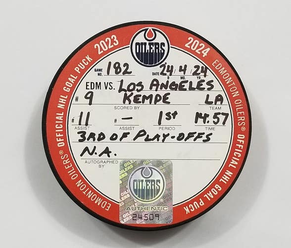 4-24-24 ADRIAN KEMPE LA Kings @ Edmonton Oilers NHL Game Used GOAL PUCK Playoffs
