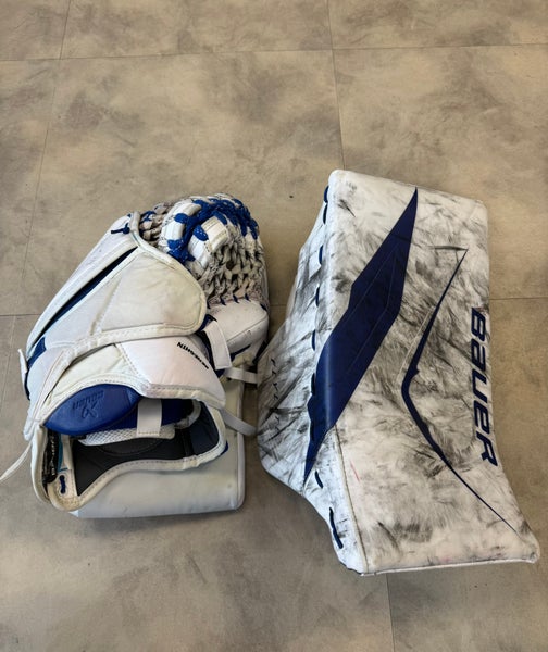 #35 Harrison Meneghin Used Bauer FlyLite Regular Pro Stock Glove and Blocker