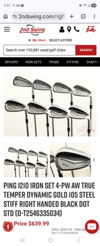 Men's Ping Ping i210 Iron Set Right Handed Iron Set Regular Flex (10 Clubs) #3 - #9, PW, GW, SW