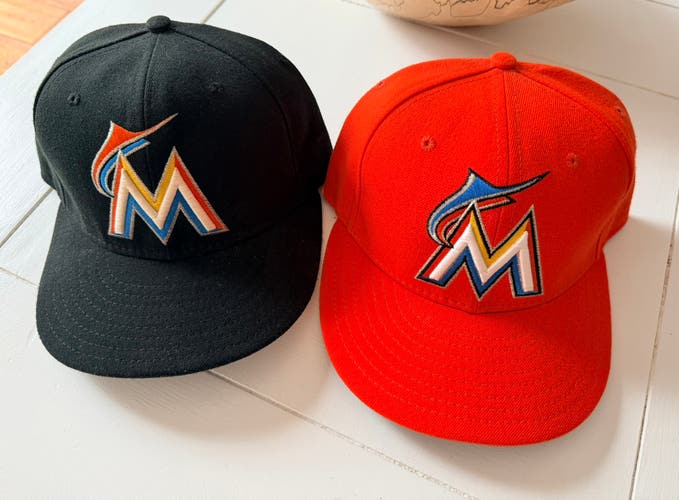 Miami Marlins Orange Men's 7 1/4 & Black 7 1/8 New Era Hat (Used)