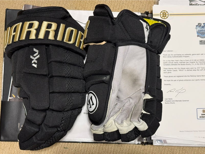 Boston Bruins Game Worn Winter Classic Warrior AX1 Pro Gloves 13" Pro Stock (Used)