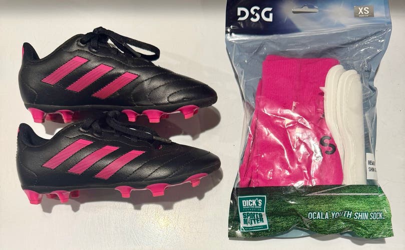 Black Kids 13 1/2 K (Little Kids) Adidas Goletto VIII Turf Cleats and DSG Shin Guards + Socks (Used)