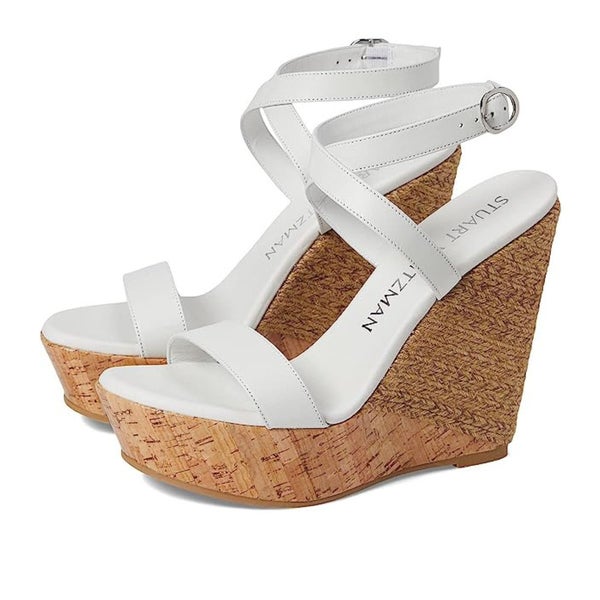 Stuart Weitzman 5050 Sandals Women's US 11 White Ankle Strap Wedge Heel RHS7626