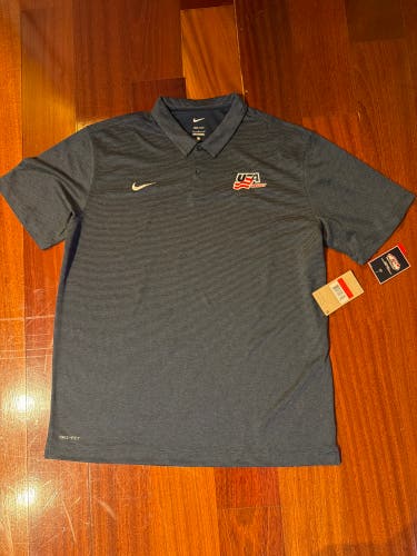 New Nike USA Hockey Team Issued World Juniors Golf Polo Shirt Blue Size Large