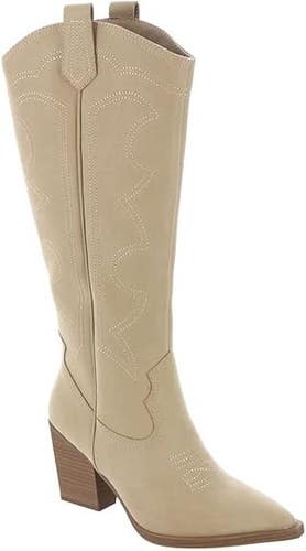 MIA Tex Western Boot Women's 6 Beige Leather Tall Block Heel Riding Boots FZP108