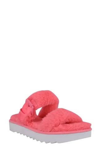 Nine West Funkie Sandals Women's US 5 Pink Faux Fur Cozy Slip On Slides JOBB151