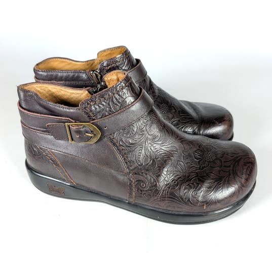 Alegria Dylan Slip Resistant Molasses Tooled Brown leather Boots Ankle Size 38/8