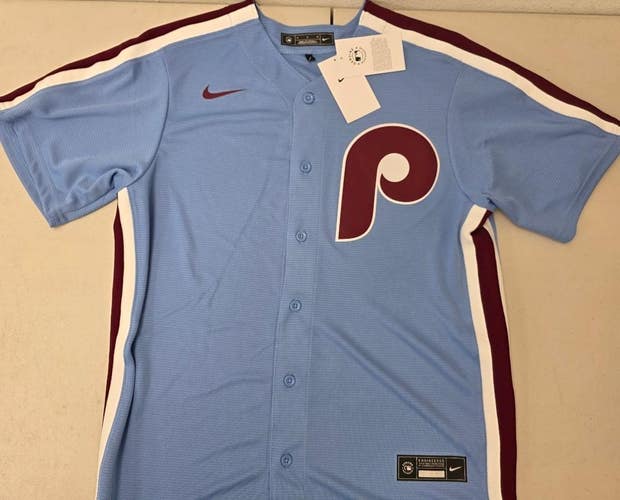 PHILADELPHIA PHILLIES Sewn Baseball Jersey NWT Throwback Vintage Blue Powder