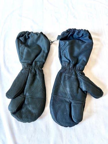 TEGO Black Leather Nylon Long Ski Snow Mitte waterproof Faux Fur Fleece Lined L