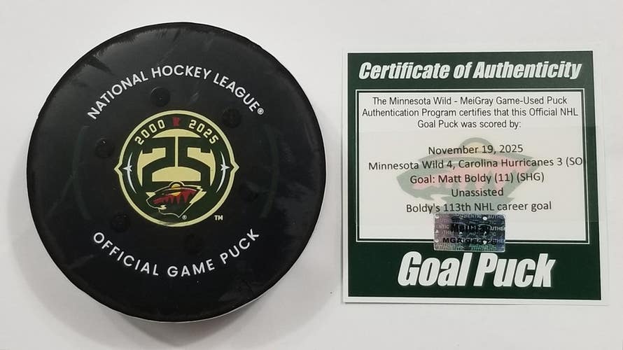 11-19-25 MATT BOLDY Minnesota Wild vs Carolina Game Used 1ST NHL SHG GOAL Puck