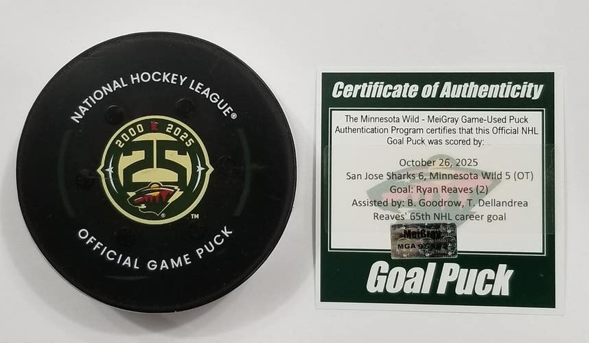 10-26-25 RYAN REAVES San Jose Sharks at Minnesota Wild Game Used GOAL Puck
