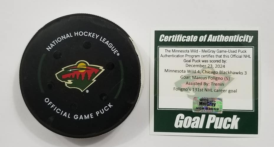 12-23-24 MARCUS FOLIGNO Minnesota Wild vs Chicago Blackhawks Game Used GOAL Puck