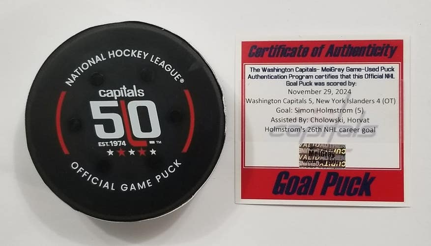 11-29-24 SIMON HOLMSTROM NY Islanders @ Washington Capitals Game Used GOAL Puck